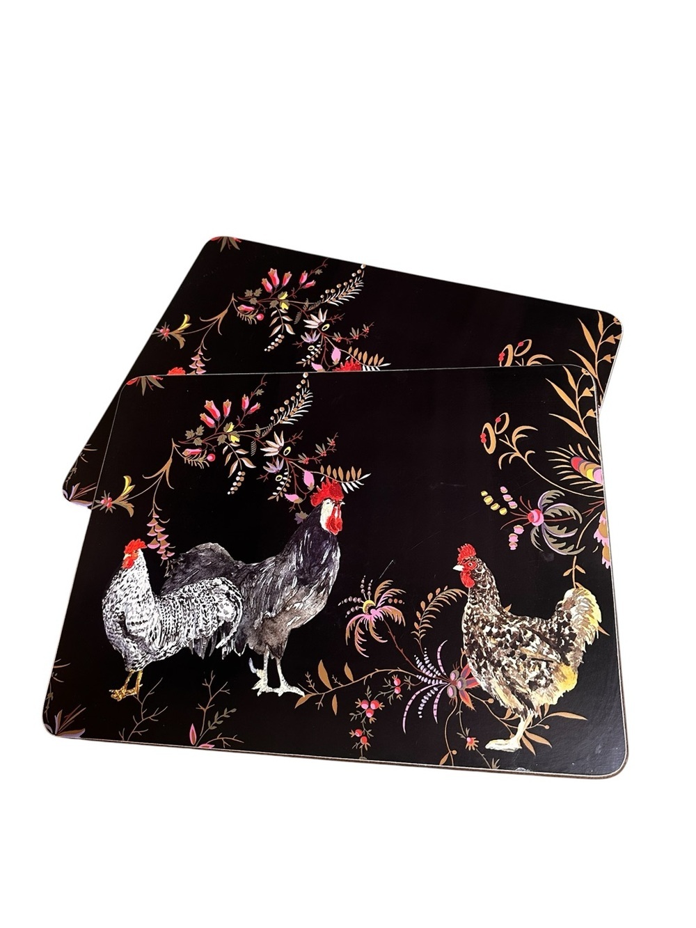 Williams Sonoma Placemats Rooster Francais Set 2 Black Lacquer Cork Backed